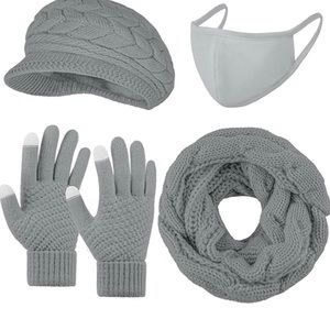 Gray 4 Pieces Women Winter Beanie Hat Scarf Gloves Set Touchscreen glo…​
